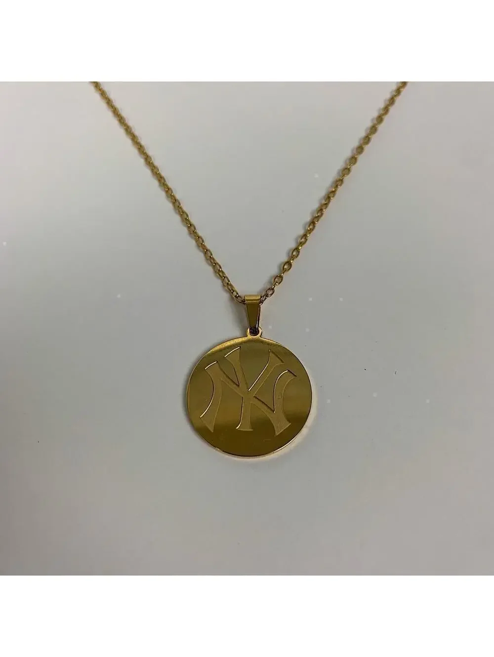 Y2k 2000s New York Yankees Circle Pendant Stainless Steel Gold Plated necklace.